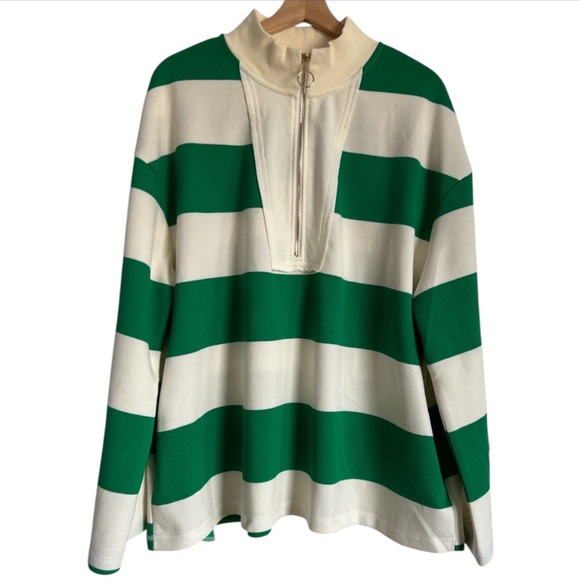 Tops - 💕 Green & Cream Striped Rugby Shirt Partial Zip-Up Size 2XL New Without Tag